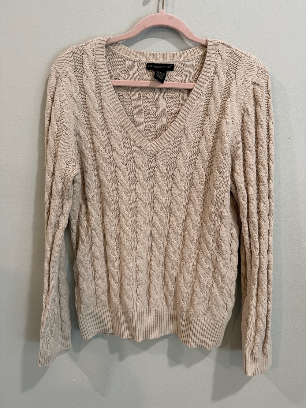 Preswick & Moore light tan Cable-Knit V-Neck Sweater